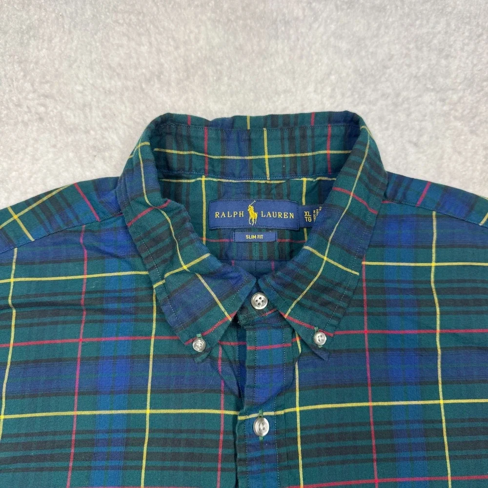 Polo Ralph Lauren Oxford Classic Fit Dress Shirt Blue Green‎ Plaid Men's Size XL